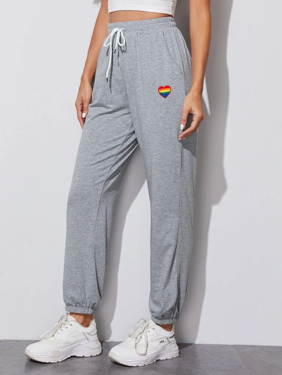 Heart Embroidery Drawstring Waist Sweatpants