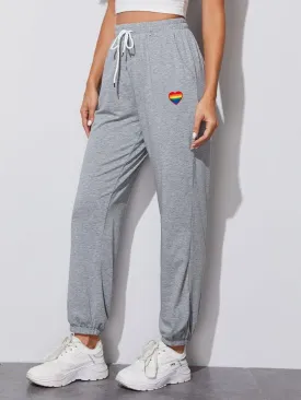Heart Embroidery Drawstring Waist Sweatpants