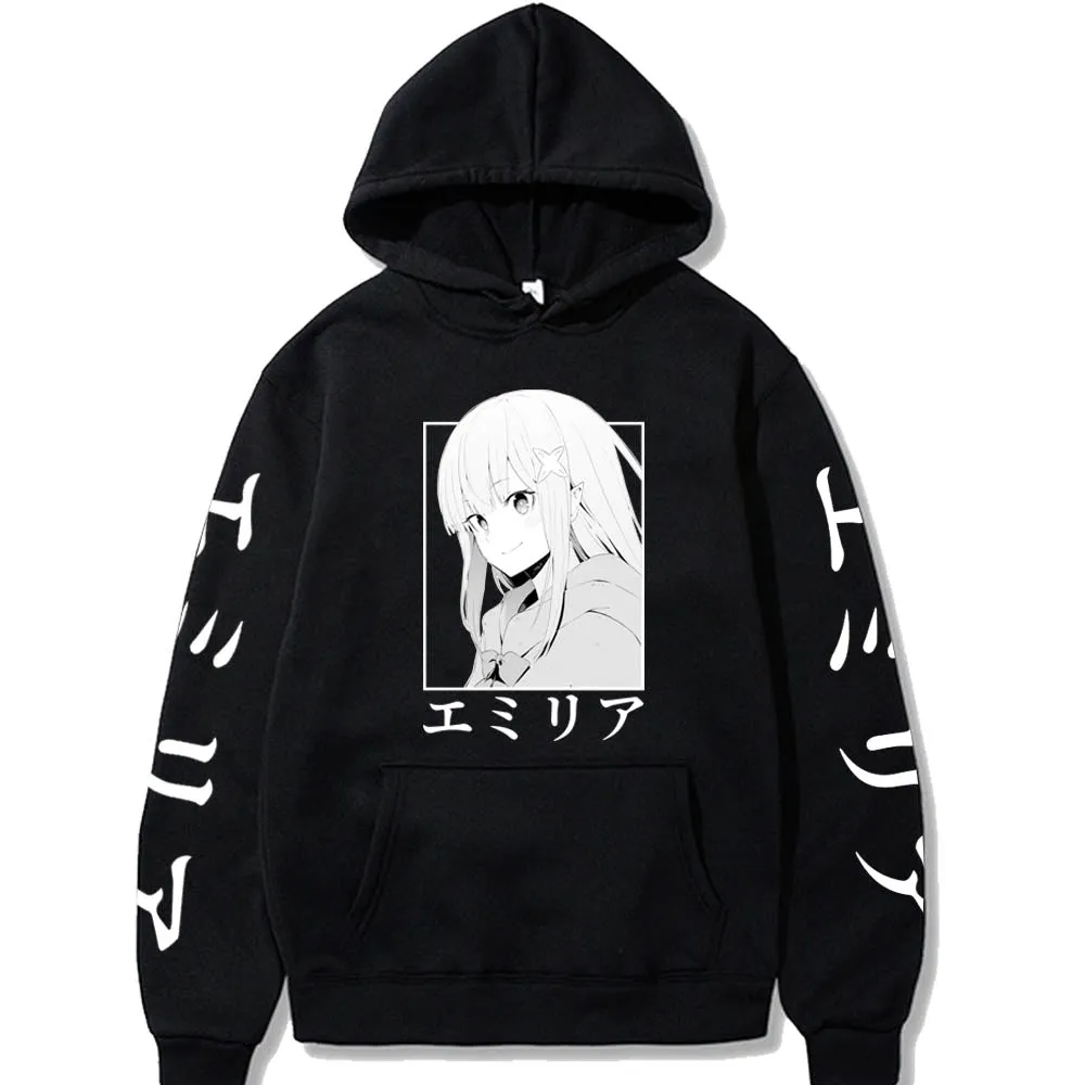 Japan Anime Re:Zero Hoodies Men Starting Life In Another World Emilia Graphic Sweatshirts Harajuku Cartoon Casual Pullover Tops