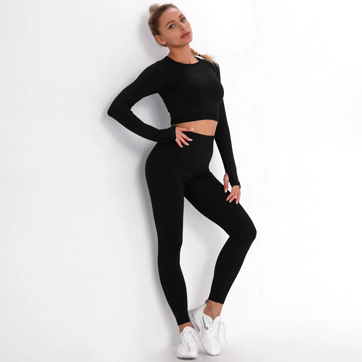 Sidiou Group Anniou Seamless Knit Yoga Sets Workout Wear Body-hugging Little Jacquard Sports Suit Body Yoga Top & Leggings Sport Women Fitness Suit